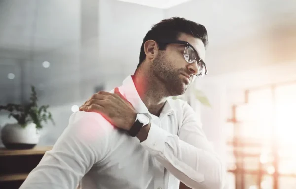 Office worker holding a painful shoulder at a desk — chiropractor in Saint Paul Park, MN